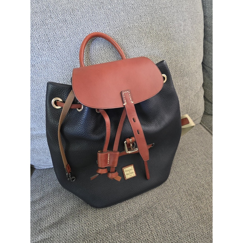 Dooney & Bourke Navy Pebbled Leather Backpack with Brown Trim